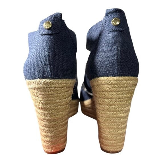 Michael Kors Navy Blue Canvas & Jute Wedge Sandals With Gold Zipper‎ Size 9.5 - Picture 3 of 11